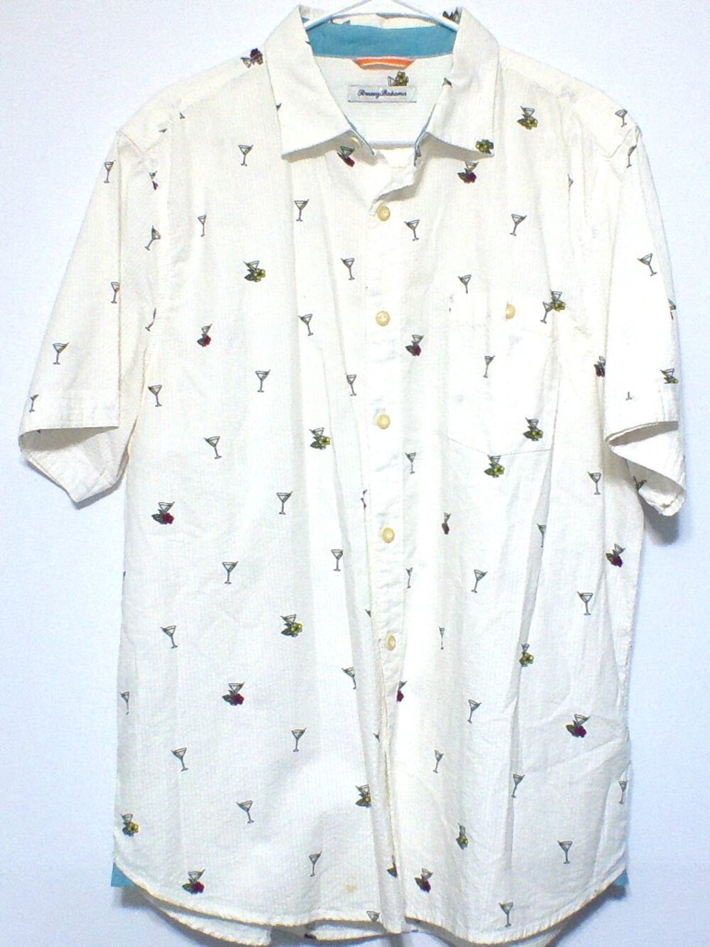 Tommy Bahama Martini Cocktail Embroidered Shirt Men's Large White Short Sleeve T